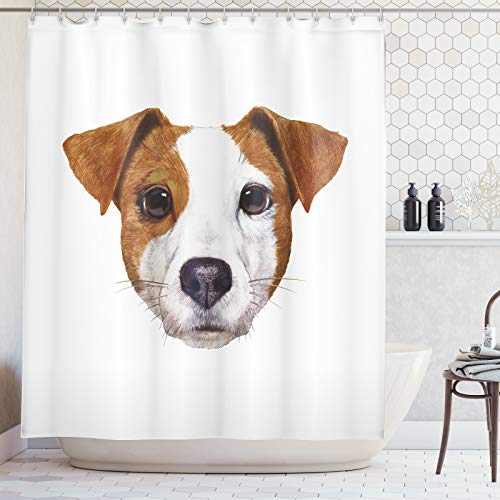 ABAKUHAUS Jack Russell Duschvorhang, Hand gezeichneter Hund Tier, Stoffliches Gewebe Badezimmerdekorationsset mit Haken, 175 x 220 cm, Braun weiß von ABAKUHAUS