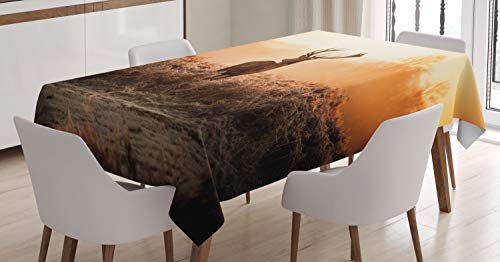 ABAKUHAUS Jagd Tischdecke, Deer Morning Sun, Pflegeleicht Waschbar Schmutzabweisend und mit Klaren Farben Hochwertiger Druck, 140 x 200 cm, Orange Braun von ABAKUHAUS