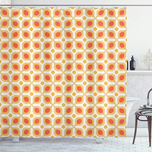 ABAKUHAUS Jahrgang Duschvorhang, 70er Boho Geometric, Stoffliches Gewebe Badezimmerdekorationsset mit Haken, 175 x 200 cm, Orange Creme von ABAKUHAUS