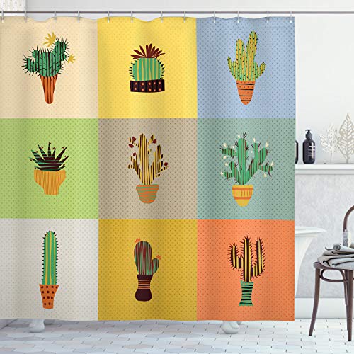 ABAKUHAUS Kaktus Duschvorhang, Botanischer Kaktus-Blume, Stoffliches Gewebe Badezimmerdekorationsset mit Haken, 175 x 200 cm, Mehrfarbig von ABAKUHAUS