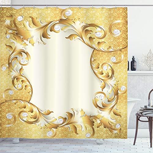 ABAKUHAUS Jahrgang Duschvorhang, Goldene Blumenverzierung, Stoffliches Gewebe Badezimmerdekorationsset mit Haken, 175 x 240 cm, Creme Gelb von ABAKUHAUS