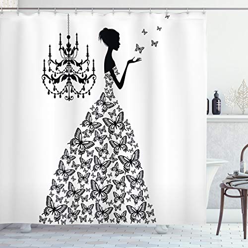 ABAKUHAUS Mode Duschvorhang, Liebe Land-Hochzeit, Stoffliches Gewebe Badezimmerdekorationsset mit Haken, 175 x 180 cm, Charcoal Grau Weiß von ABAKUHAUS