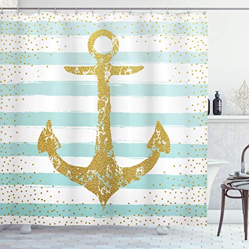 ABAKUHAUS Jahrgang Duschvorhang, Marine Golden Anchor, Stoffliches Gewebe Badezimmerdekorationsset mit Haken, 175 x 200 cm, Blassblau Weiß von ABAKUHAUS