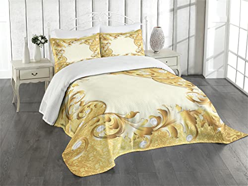 ABAKUHAUS Jahrgang Tagesdecke Set, Goldene Blumenverzierung, Set mit Kissenbezügen Waschbar, für Doppelbetten 264 x 220 cm, Creme Gelb von ABAKUHAUS