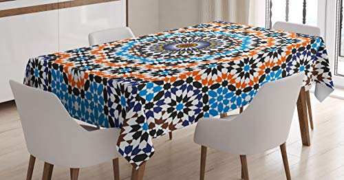 ABAKUHAUS Marokkanisch Tischdecke, Marokkanische Keramik-Fliese, Pflegeleicht Waschbar Schmutzabweisend und mit Klaren Farben Hochwertiger Druck, 140 x 200 cm, Blau Orange von ABAKUHAUS