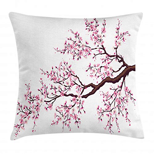 ABAKUHAUS Japan Kissenbezug, Sakura Zweig Blüten, Dekorative Kopfkissenhülle mit Beidseitigem Druck Reißverschluß Waschbar, 60 x 60 cm, Dunkelbraun Rosa von ABAKUHAUS