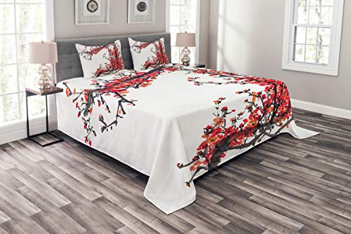 ABAKUHAUS Japan Tagesdecke Set, Kirschblüte Sakura, Set mit Kissenbezügen Waschbar, für Doppelbetten 264 x 220 cm, Braun Rot von ABAKUHAUS