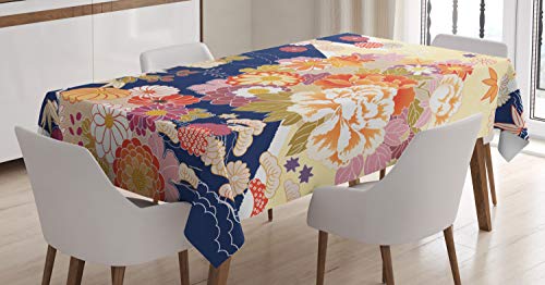 ABAKUHAUS Japan Tischdecke, traditionelle Blumen, Schmutzabweisent mit Modernster Druck Technologie Waschbar Klare Farben, 140 x 240 cm, Dunkelblau Beige von ABAKUHAUS