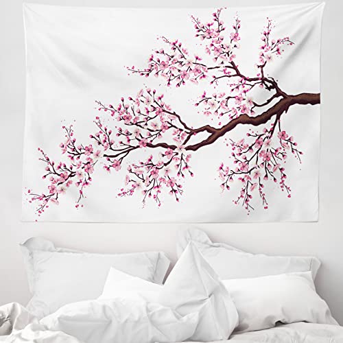 ABAKUHAUS Japan Wandteppich, Sakura Zweig Blüten aus Weiches Mikrofaser Stoff Waschbar ohne Verblassen Digitaldruck, 150 x 110 cm, Dunkelbraun Rosa von ABAKUHAUS