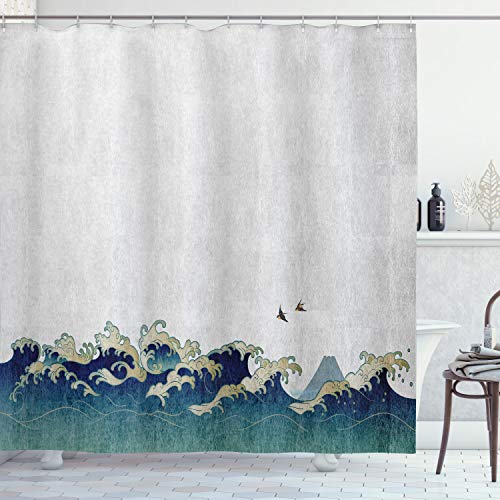 ABAKUHAUS Japanische Welle Duschvorhang, Aquatic-Strudel, Stoffliches Gewebe Badezimmerdekorationsset mit Haken, 175 x 240 cm, Creme Blau Grau ABAKUHAUS Japanische Welle Duschvorhang, Aquatic-Strudel, Stoffliches Gewebe Badezimmerdekorationsset mit Haken, 175 x 240 cm, Creme Blau Grau von ABAKUHAUS
