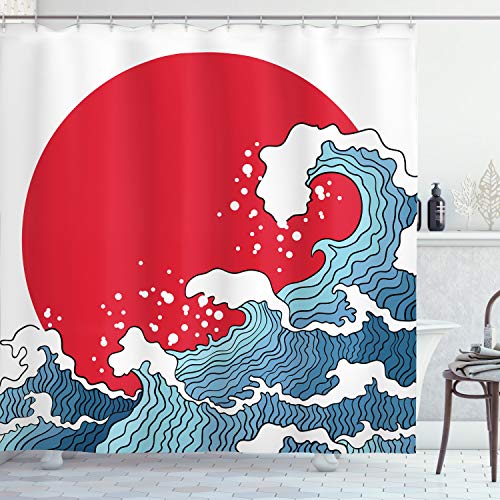 ABAKUHAUS japanische Welle Duschvorhang, Red Sun Tsunami, Stoffliches Gewebe Badezimmerdekorationsset mit Haken, 175 x 220 cm, Rot Blau Weiß von ABAKUHAUS