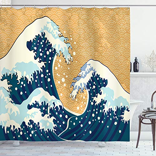 ABAKUHAUS Japanische Welle Duschvorhang, Schäumende Sea Storm, Stoffliches Gewebe Badezimmerdekorationsset mit Haken, 175 x 220 cm, Erde Gelb Dunkelblau von ABAKUHAUS