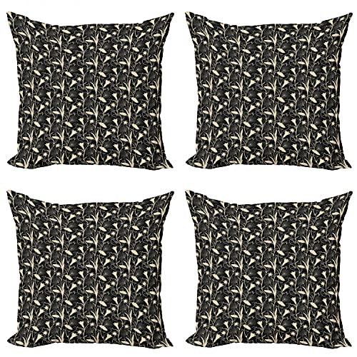 ABAKUHAUS Jugendstil Dekokissen Kissenbezug 4er Pack, Mutter Natur Blüten, Modern Accent Doppelseitiger Digitaldruck, 40 x 40 cm, Schwarz Elfenbein von ABAKUHAUS