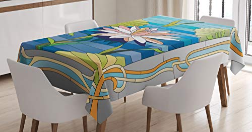 ABAKUHAUS Jugendstil Tischdecke, Buntglas Lotus, Personalisierter Druck mit Klaren Farben Waschbar Wasserfest kein Verblassen, 140 x 240 cm, Aqua Grün von ABAKUHAUS