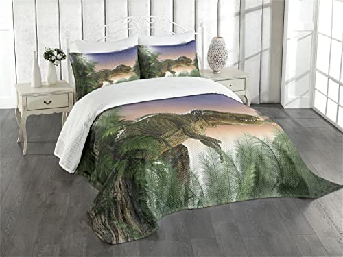 ABAKUHAUS Jurassic Tagesdecke Set, Dinosaurier im Dschungel, Set mit Kissenbezügen Feste Farben, für Doppelbetten 220 x 220 cm, Grün Blauer Pfirsich ABAKUHAUS Jurassic Tagesdecke Set, Dinosaurier im Dschungel, Set mit Kissenbezügen Feste Farben, für Doppelbetten 220 x 220 cm, Grün Blauer Pfirsich von ABAKUHAUS