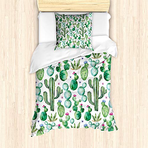 ABAKUHAUS Kaktus Bettbezug Set für Einzelbetten, Mexikanischer Kaktus-Anlagen, Milbensicher Allergiker geeignet mit Kissenbezug, Lime Green Pale Pink von ABAKUHAUS
