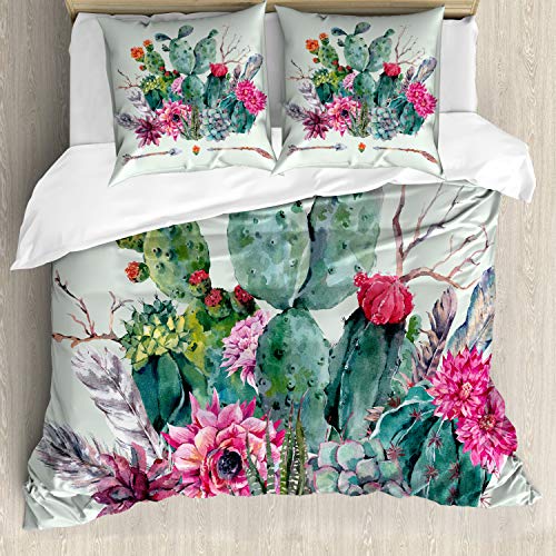 ABAKUHAUS Kaktus Bettwäsche Set für Doppelbetten, Dornige Boho-Blüten, Weicher Microfaserstoff Allegigeignet kein Verblassen, Grün Rosa von ABAKUHAUS