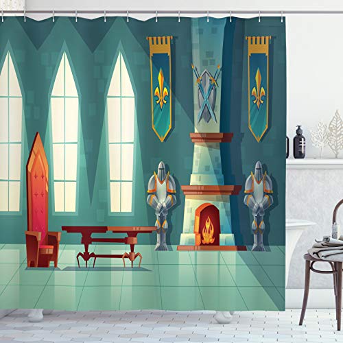 ABAKUHAUS Kamin Duschvorhang, Cartoon von Royal Castle, Stoffliches Gewebe Badezimmerdekorationsset mit Haken, 175 x 240 cm, Mehrfarbig von ABAKUHAUS