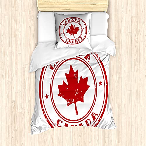ABAKUHAUS Kanada Bettbezug Set für Einzelbetten, Gummi-Stempel-Entwurf, Milbensicher Allergiker geeignet mit Kissenbezug, Weiß Rot von ABAKUHAUS