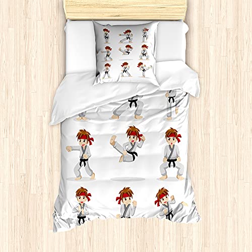 ABAKUHAUS Karate Bettbezug Set für Einzelbetten, Martial Arts Boy Cartoon, Milbensicher Allergiker geeignet mit Kissenbezug, 135 cm x 200 cm - 80 x 80 cm, beige Vermilion von ABAKUHAUS