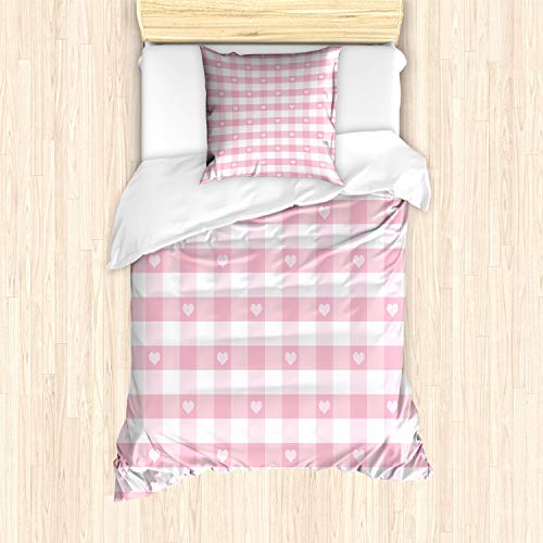 ABAKUHAUS Kariert Bettbezug Set, Romantische Kinder, Milbensicher Allergiker geeignet mit Kissenbezügen, 135 cm x 200 cm - 80 x 80 cm, Baby-Rosa-Weiß von ABAKUHAUS