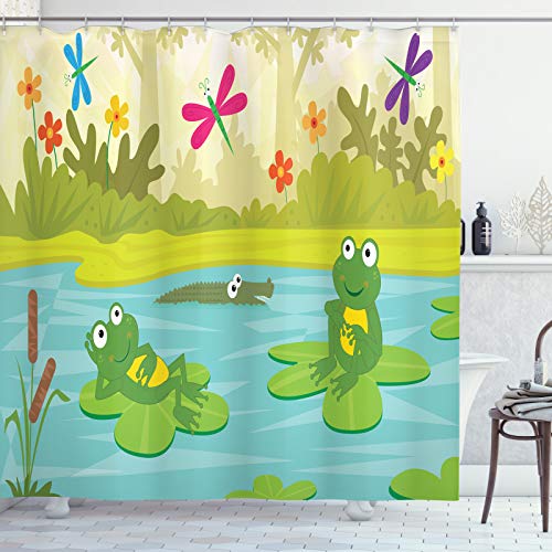 ABAKUHAUS Karikatur Duschvorhang, Frösche Krokodil in einem Teich, Stoffliches Gewebe Badezimmerdekorationsset mit Haken, 175 x 180 cm, Türkis und Mehrfarbig von ABAKUHAUS