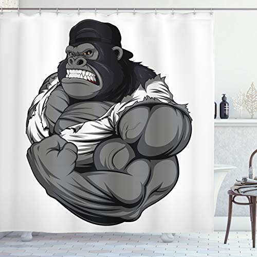 ABAKUHAUS Karikatur Duschvorhang, Tier Athlet Gorilla, Stoffliches Gewebe Badezimmerdekorationsset mit Haken, 175 x 220 cm, Schwarz Weiß Grau von ABAKUHAUS