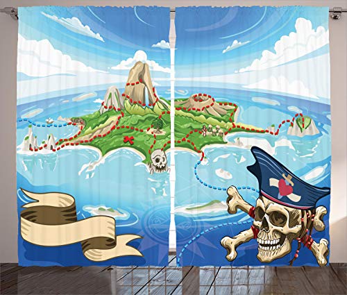 ABAKUHAUS Karikatur Rustikaler Gardine, Pirate Island Schädel, Schlafzimmer Kräuselband Vorhang mit Schlaufen und Haken, 280 x 225 cm, Grün Aqua von ABAKUHAUS