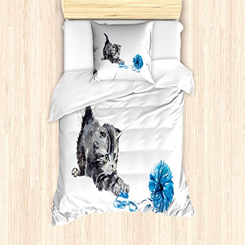 ABAKUHAUS Katze Bettbezug Set für Einzelbetten, Spielerisch Baby-Kätzchen Furry, Milbensicher Allergiker geeignet mit Kissenbezug, Grau Blau von ABAKUHAUS