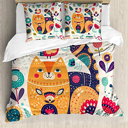 ABAKUHAUS Katze Bettwäsche Set für Doppelbetten, Skandinavisch Blumen Motive, Weicher Microfaserstoff Allegigeignet kein Verblassen, Hell Orange Zinnoberrot Babyblau Eierschalenfarben von ABAKUHAUS