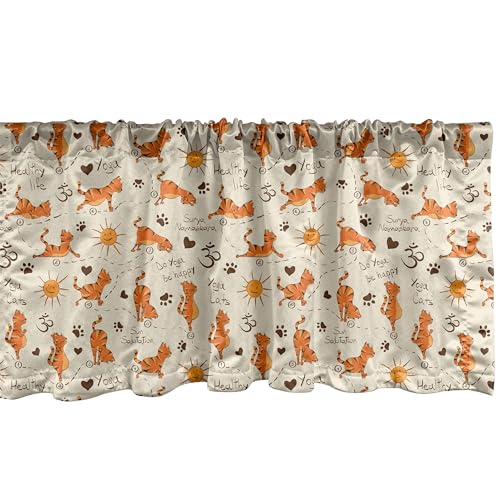 ABAKUHAUS Katze Fenster Volant, Kitties Doing Yoga Paws, Vorhang Volant für Küche Schlafzimmer Dekor mit Stangentasche, 137 cm X 45 cm, Creme Orange Braun von ABAKUHAUS