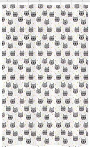 ABAKUHAUS Katze Schmaler Duschvorhang, Hipster Kitties Glasses, Badezimmer Deko Set aus Stoff mit Haken, 120 x 180 cm, Weiß Gelb von ABAKUHAUS