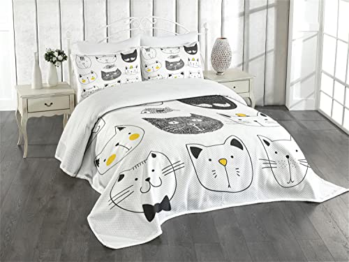 ABAKUHAUS Katze Tagesdecke Set, Stilvolle Katzen mit Fisch, Set mit Kissenbezügen Moderne Designs, für Doppelbetten 220 x 220 cm, Gelb Grauen von ABAKUHAUS