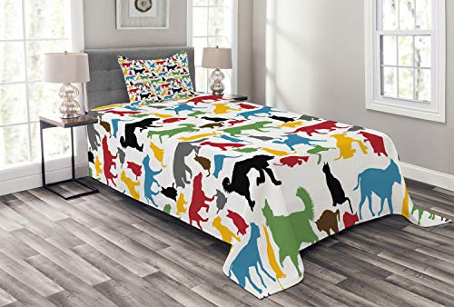 ABAKUHAUS Katzen Tagesdecke Set, Bunte Katzen und Hunde, Set mit Kissenbezügen Waschbar, für Einzelbetten 170 x 220 cm, Mehrfarbig von ABAKUHAUS