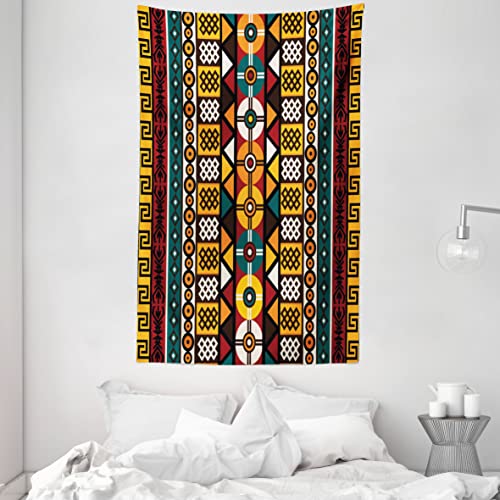 ABAKUHAUS Kente Wandteppich und Tagesdecke, Primitive Borders aus Weiches Mikrofaser Stoff Waschbar ohne Verblassen Digitaldruck, 140 x 230 cm, Orange Weiß von ABAKUHAUS