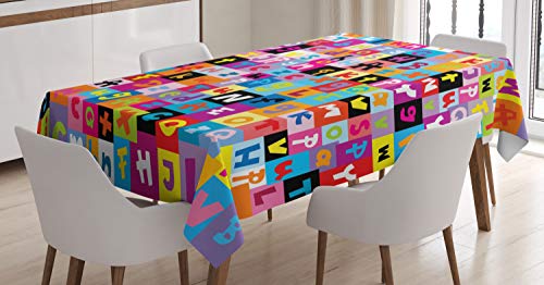 ABAKUHAUS Kids Tischdecke, Farbige Alphabet Puzzle, Schmutzabweisent mit Modernster Druck Technologie Waschbar Klare Farben, 140 x 200 cm, Lila Rosa Scwarz von ABAKUHAUS