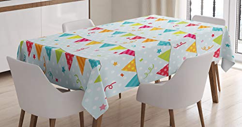 ABAKUHAUS Kids Tischdecke, Geburtstags-Party-Flaggen Sterne, Schmutzabweisent mit Modernster Druck Technologie Waschbar Klare Farben, 140 x 170 cm, Türkis Rot von ABAKUHAUS