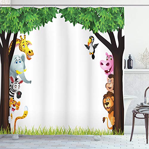 ABAKUHAUS Kindergarten Duschvorhang, Bäume Freundlich Jungle, Stoffliches Gewebe Badezimmerdekorationsset mit Haken, 175 x 240 cm, Mehrfarbig von ABAKUHAUS