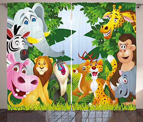 ABAKUHAUS Kindergarten Rustikaler Vorhang, Safari-Dschungel Lustig, Wohnzimmer Universalband Gardinen mit Schlaufen und Haken, 280 x 245 cm, Grün Gelb von ABAKUHAUS