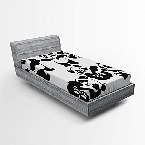 ABAKUHAUS Panda Spannbetttuch, Spielerische Panda-Bär Zoo, Soft Dekorativer Stoff Bettwäsche Rund-um Elastischer Gummizug, 90 x 200 cm, Dunkelgrau Weiß von ABAKUHAUS