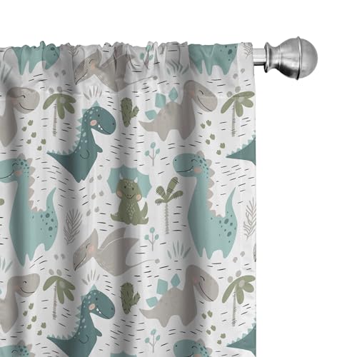 ABAKUHAUS Kindisch Vorhänge 2er-Pack, Smiling Baby-Dinosaurier mit Palm und Kaktus, Vorhang für Wohnzimmer Schlafzimmer, 4 Stück 75 cm x 175 cm, Weiß Seafoam schwachgrau von ABAKUHAUS