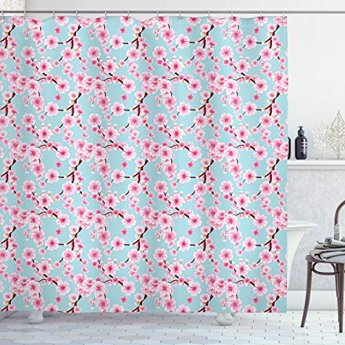 ABAKUHAUS Kirschblüte Duschvorhang, inspirierend Garten, Stoffliches Gewebe Badezimmerdekorationsset mit Haken, 175 x 220 cm, Pale Blue Redwood Rosa von ABAKUHAUS