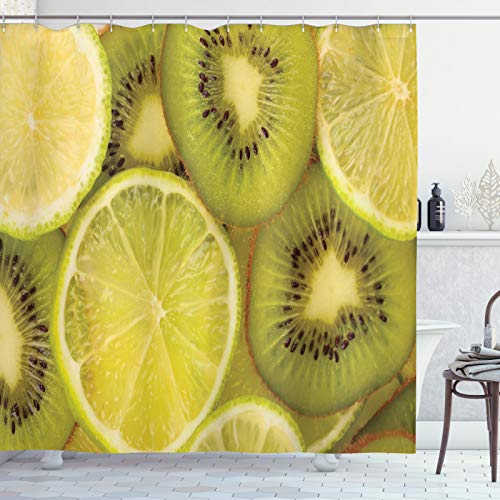 ABAKUHAUS Kiwi Duschvorhang, Close up Exotische Früchte und Kalk, Stoffliches Gewebe Badezimmerdekorationsset mit Haken, 175 x 180 cm, Gelb Gelb Grün von ABAKUHAUS