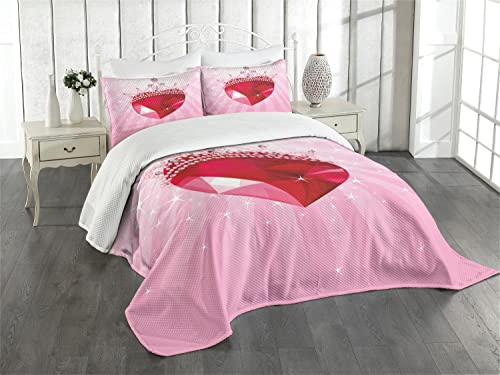 ABAKUHAUS Königin Tagesdecke Set, Rote Herz-Kronen-Mädchen, Set mit Kissenbezügen Waschbar, für Einzelbetten 170 x 220 cm, Pink Rot von ABAKUHAUS