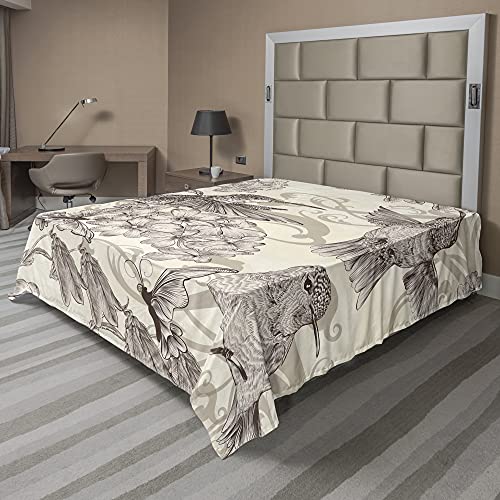 ABAKUHAUS Kolibri Bettlaken, Alte Vögel und Blumen, weiches bequemes oberes Bettlaken dekoratives Bett 1 Stück, 266 cm x 260 cm, Creme Beige Braun von ABAKUHAUS