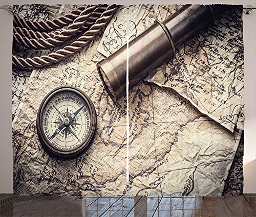 ABAKUHAUS Kompass Rustikaler Vorhang, Nostalgischer Maritime Werkzeuge, Wohnzimmer Universalband Gardinen mit Schlaufen und Haken, 280 x 175 cm, Taupe Beige von ABAKUHAUS