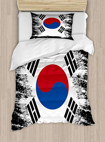 ABAKUHAUS Korean Flag Bettbezugs Set für Einzelbetten, Land, Milbensicher Allergiker geeignet mit Kissenbezug, 130 x 200 cm, Khaki von ABAKUHAUS