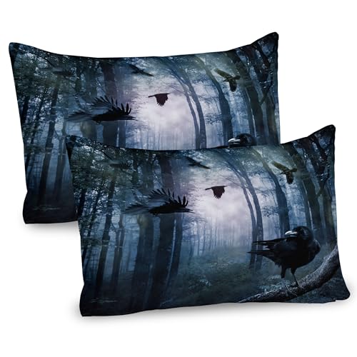 ABAKUHAUS Krähe Kissenbezug Packung mit 2, Fish Eye Schuss von Flying Birds in Einer düsteren Wald Gothic Themed Bild, Dekorativer Standard Gedruckter Kissenbezug, 80 x 40 cm, Charcoal Grau Blau Grau von ABAKUHAUS