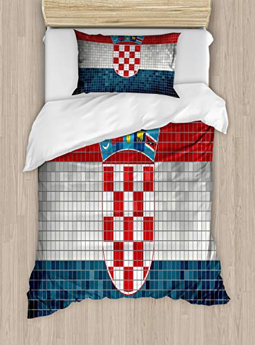 ABAKUHAUS Kroatien Bettbezugs Set für Einzelbetten, Flagge mit Mosaik-Quadraten, Milbensicher Allergiker geeignet mit Kissenbezug, 130 x 200 cm, Grau Rot von ABAKUHAUS