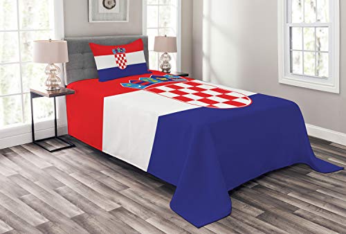 ABAKUHAUS Kroatien Tagesdecke Set, Einfaches Design Flagge Druck, Set mit Kissenbezügen Moderne Designs, für Einzelbetten 170 x 220 cm, Vermilion Indigo Weiß von ABAKUHAUS